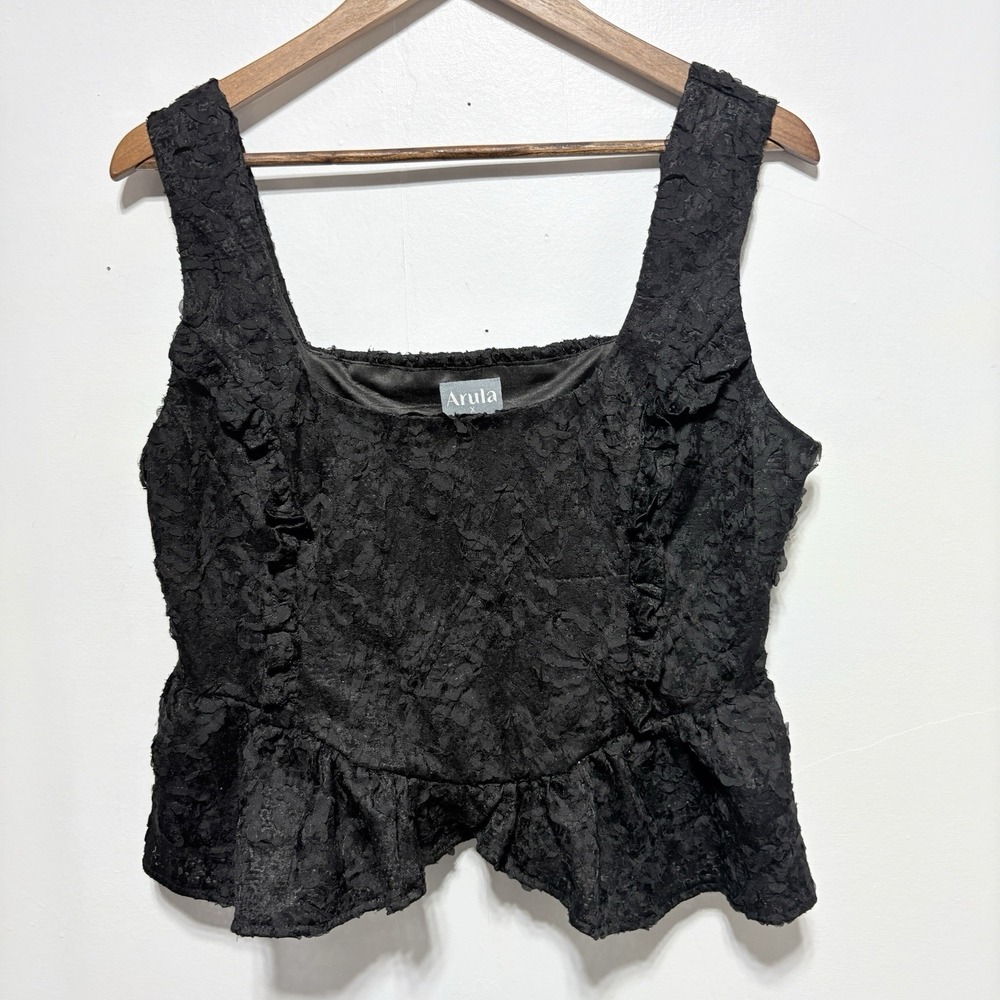 Arula Top Womens XL 14 16 Black Lace Cropped Ruffle Hem Sleeveless Gothic